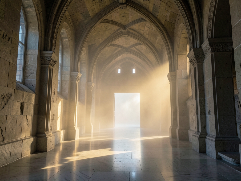 vast stone hall with tall arched windows casting