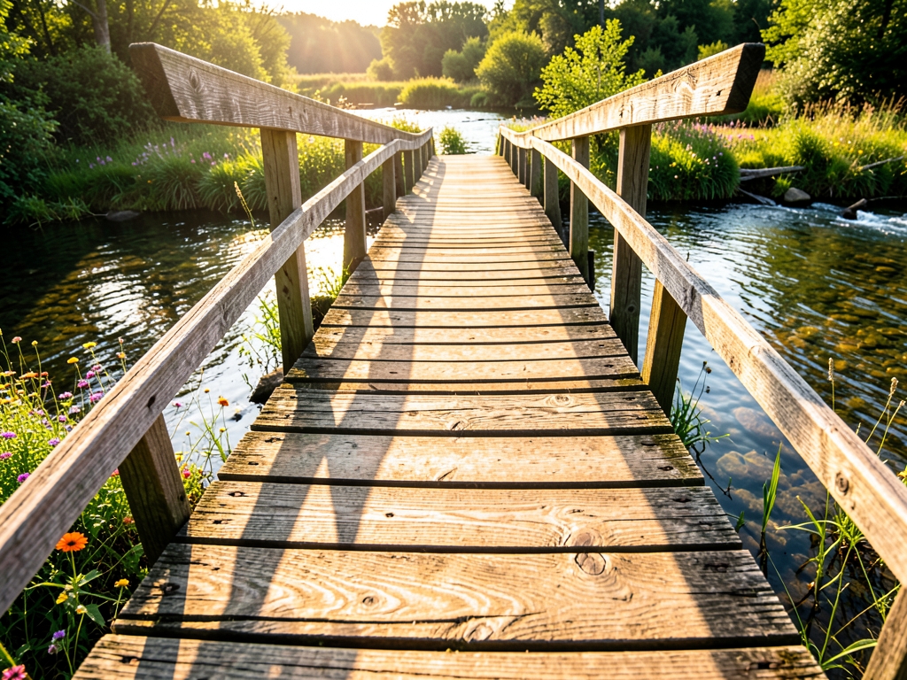 sun drenched wooden footbridge