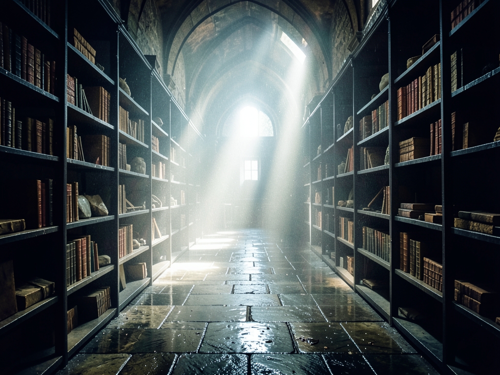rain slicked stone corridor with towering iron shelves receding