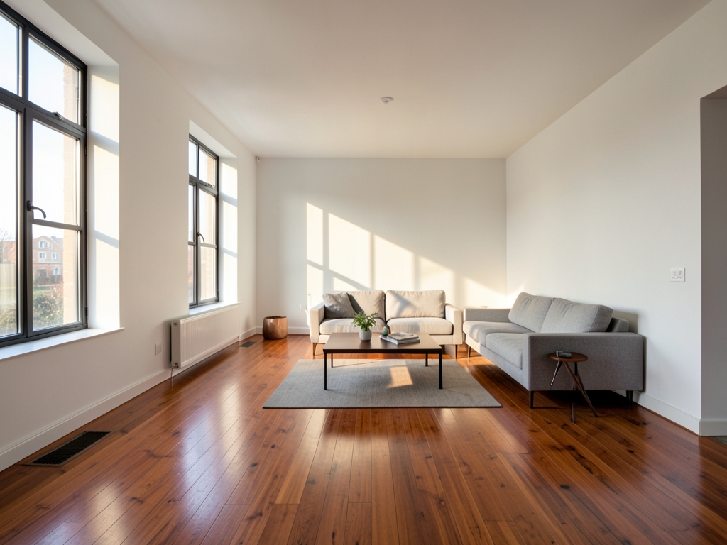 Sunlight streams through large industrial windows onto modern