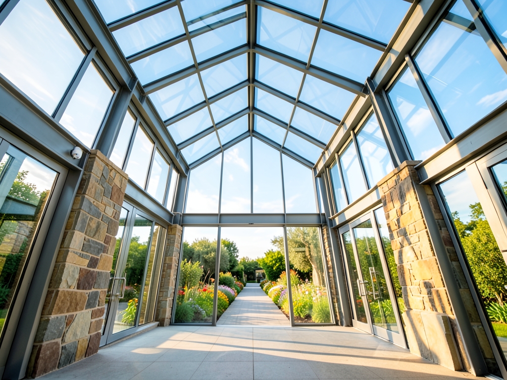 Bright open glass atrium with steel stone leading