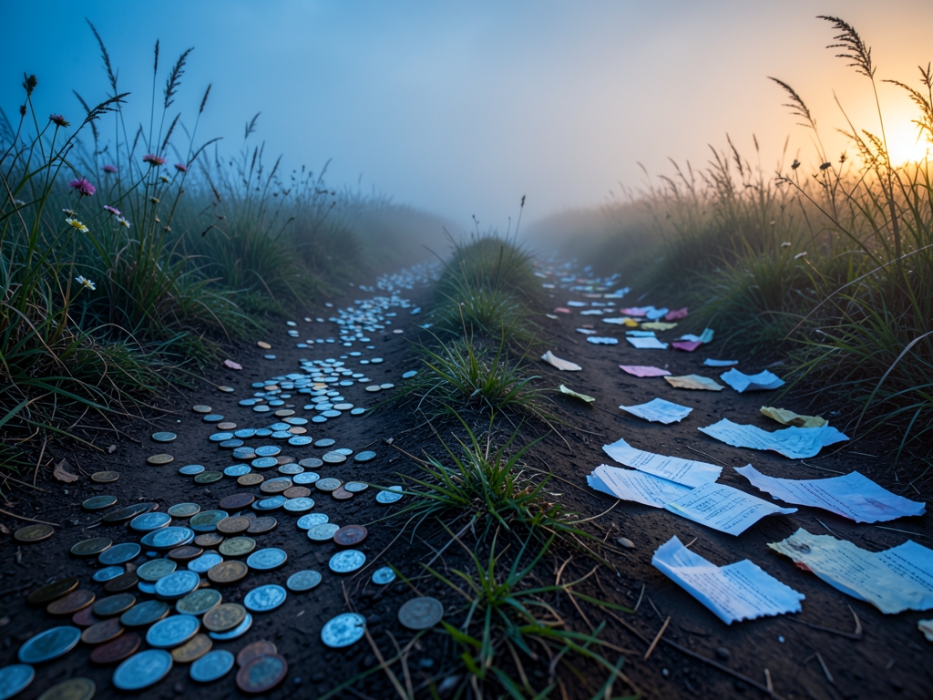 diverging dirt paths through foggy field scattered with