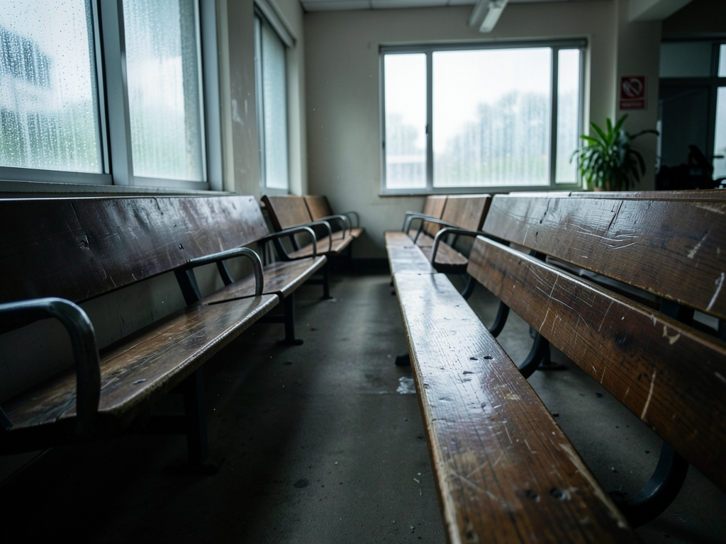 government waiting room with rows wooden benches dust