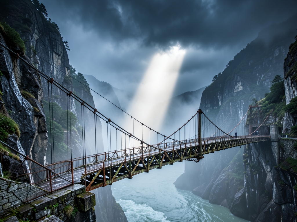 Four weathered stone steel suspension bridges spanning deep