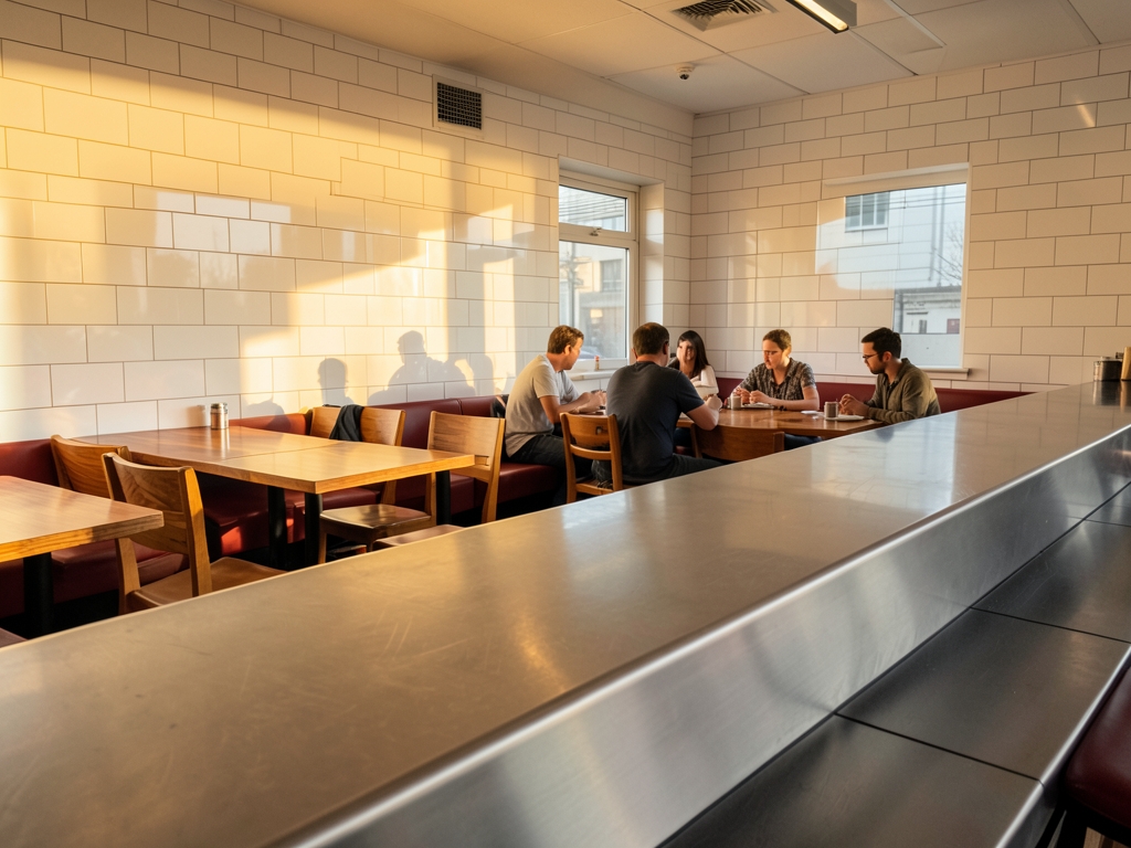Warm morning light inside clean modern diner with