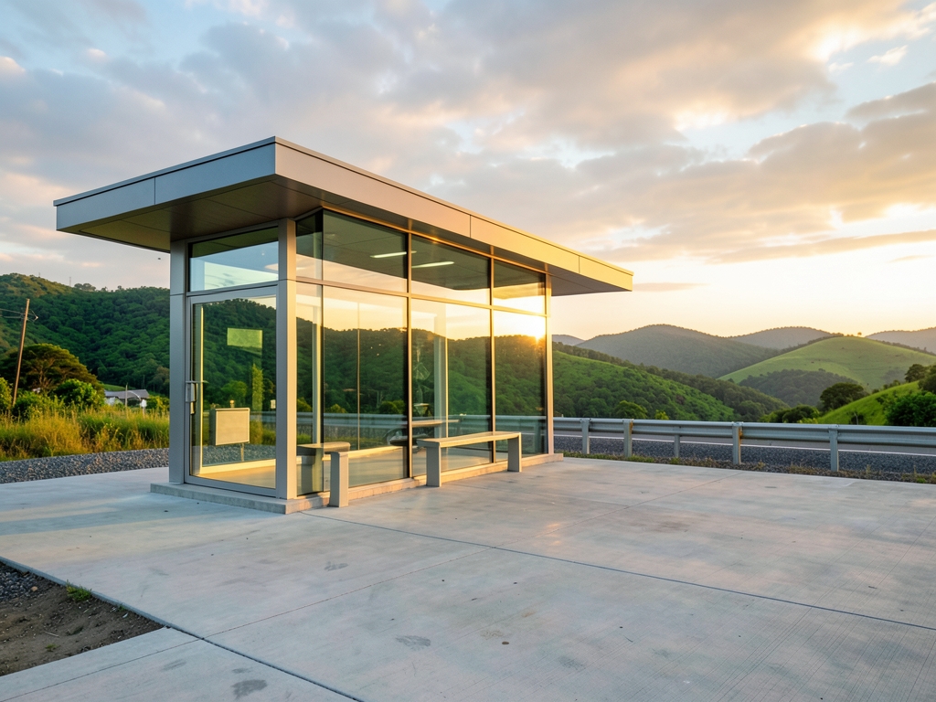 Golden hour highway rest stop with glass facade