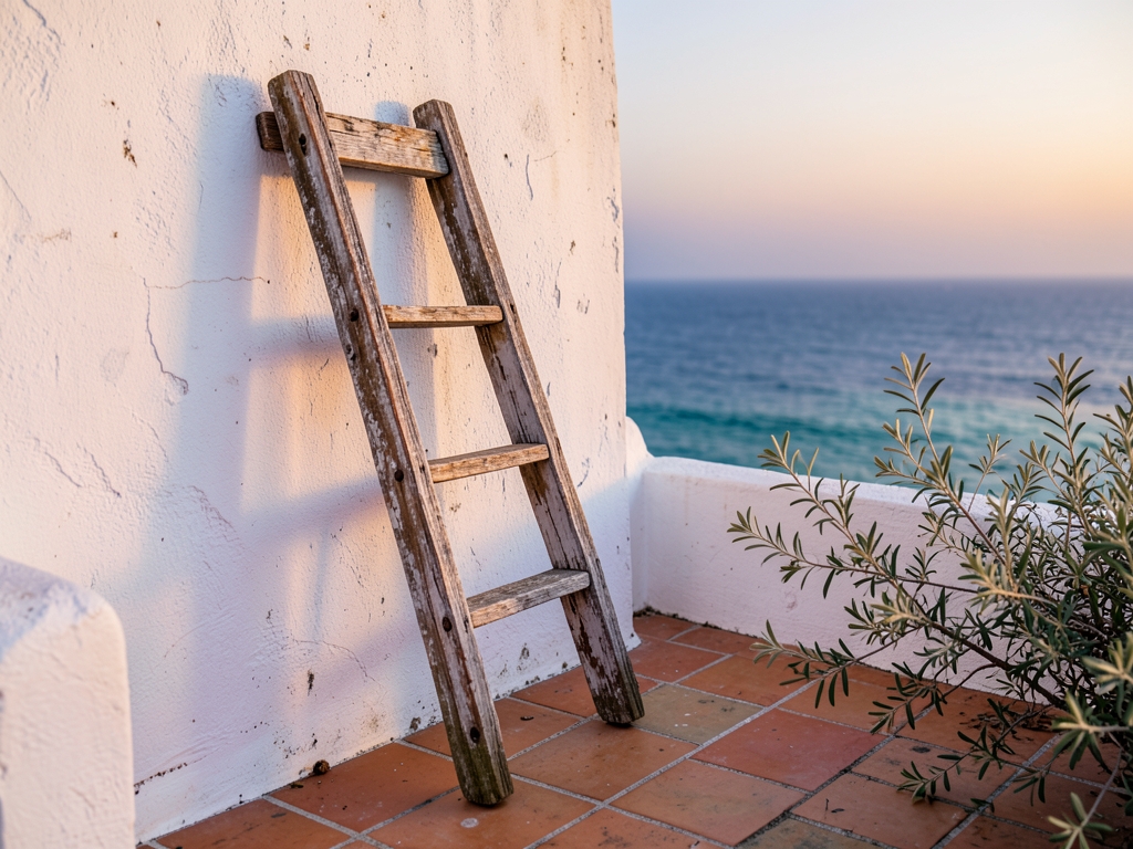 weathered wooden ladder leaning against whitewashed Mediterranean terrace