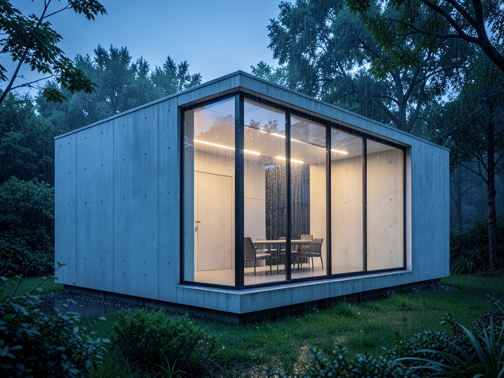 rain kissed modern glass pavilion dusk clean concrete walls