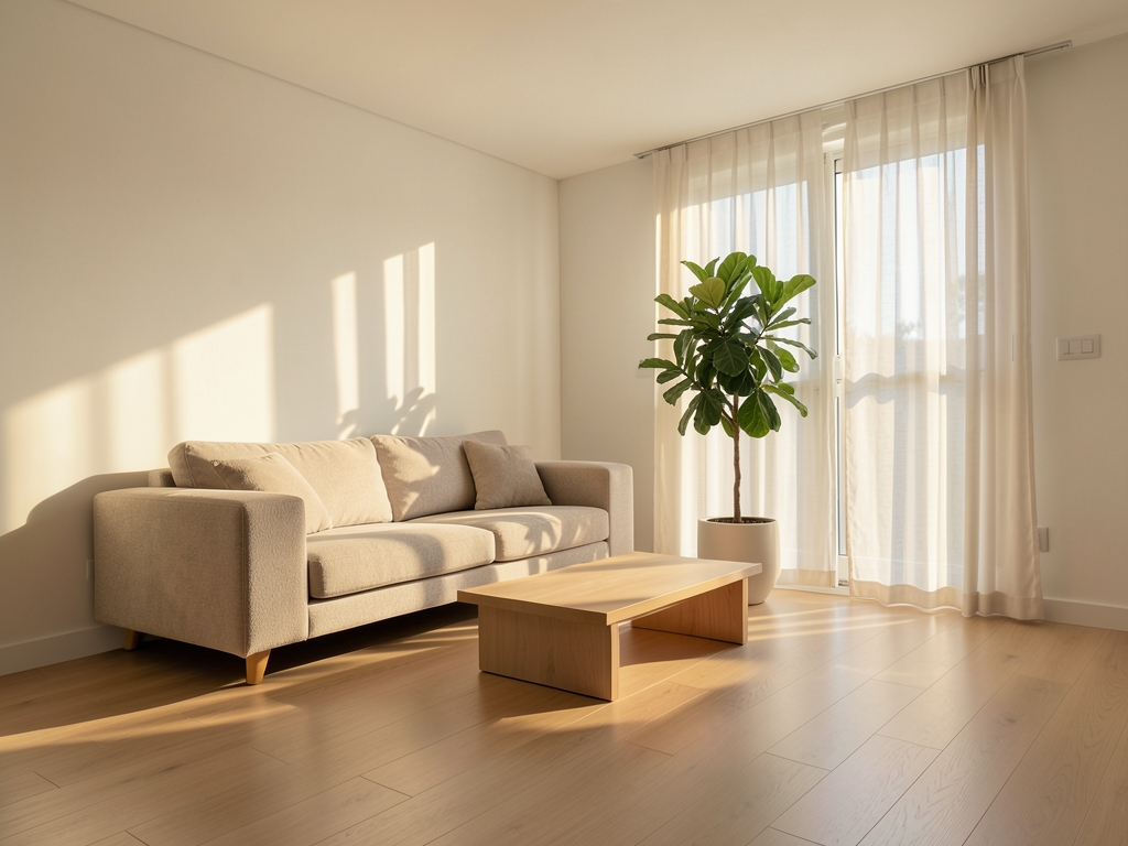 sunlit minimalist living room with pale floors sheer