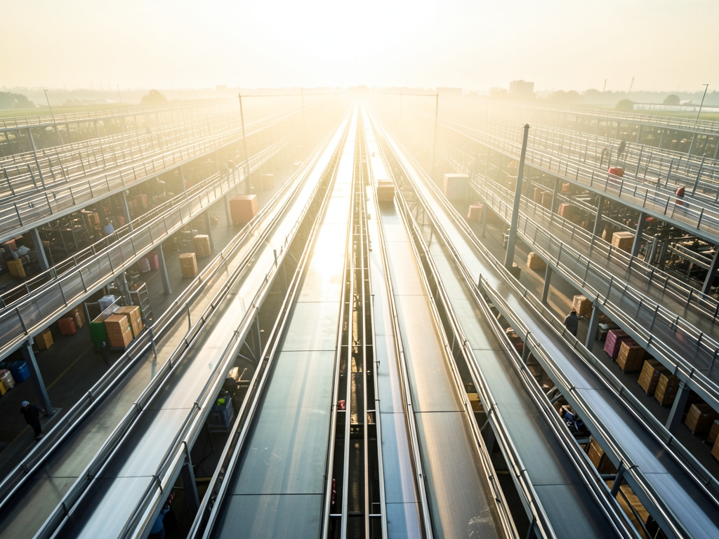sunlit sorting hall with endless parallel conveyor lanes