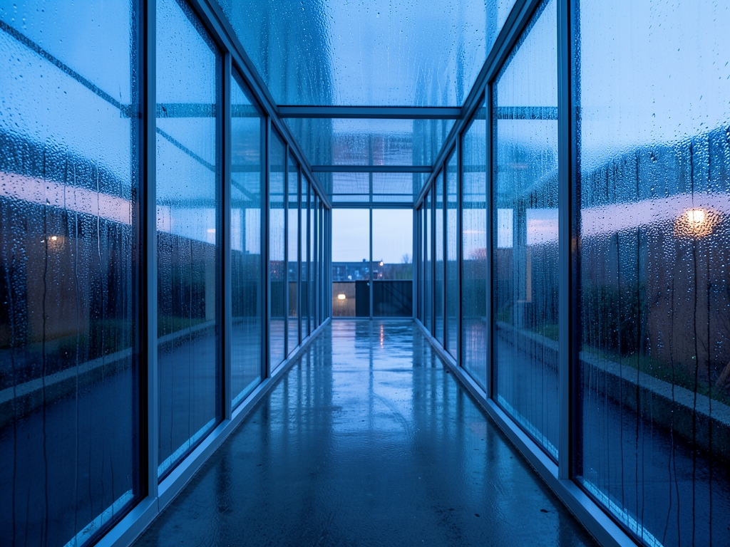 narrow glass walled corridor twilight rain streaking panes cool
