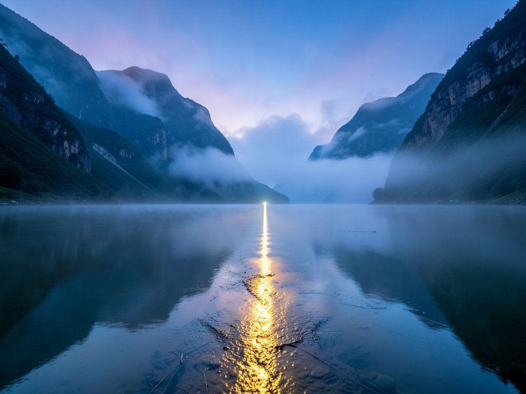 misty mountain valley dawn with single narrow path