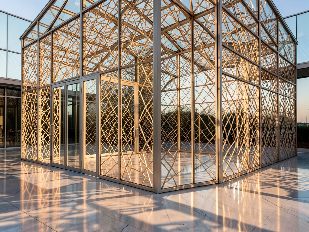 sunlit glass and steel pavilion with geometric lattice panels casting