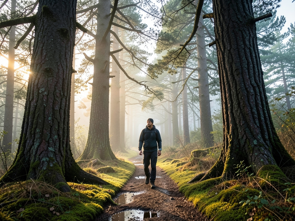 solitary figure walking fog draped forest trail dawn golden