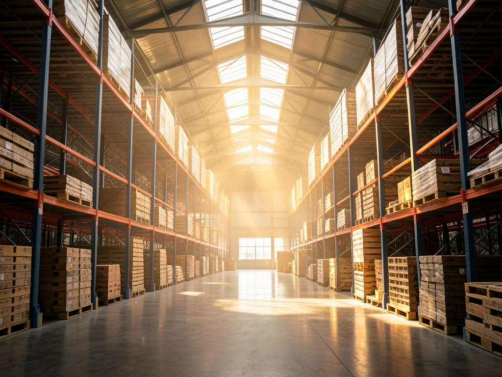 vast warehouse interior with steel racks pallets under