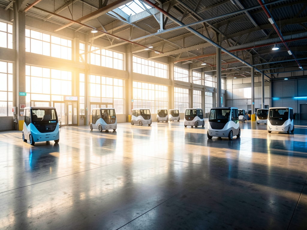 Sun drenched logistics interior with polished concrete floors reflecting