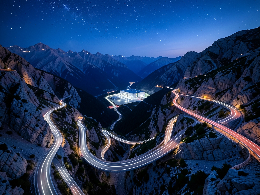 Aerial view winding mountain road twilight where geometric