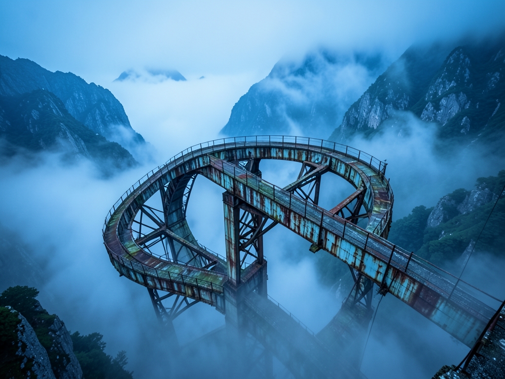 misty mountain viaduct looping into itself under cold