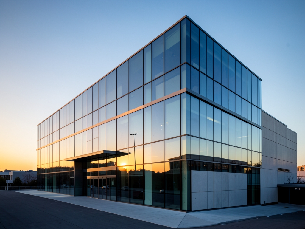 sleek glass and steel corporate building golden hour warm light