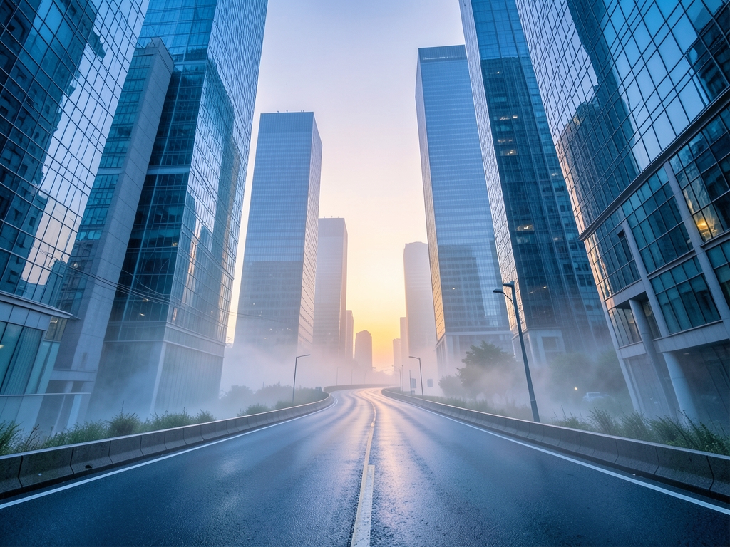 winding road through modern business district dawn mist
