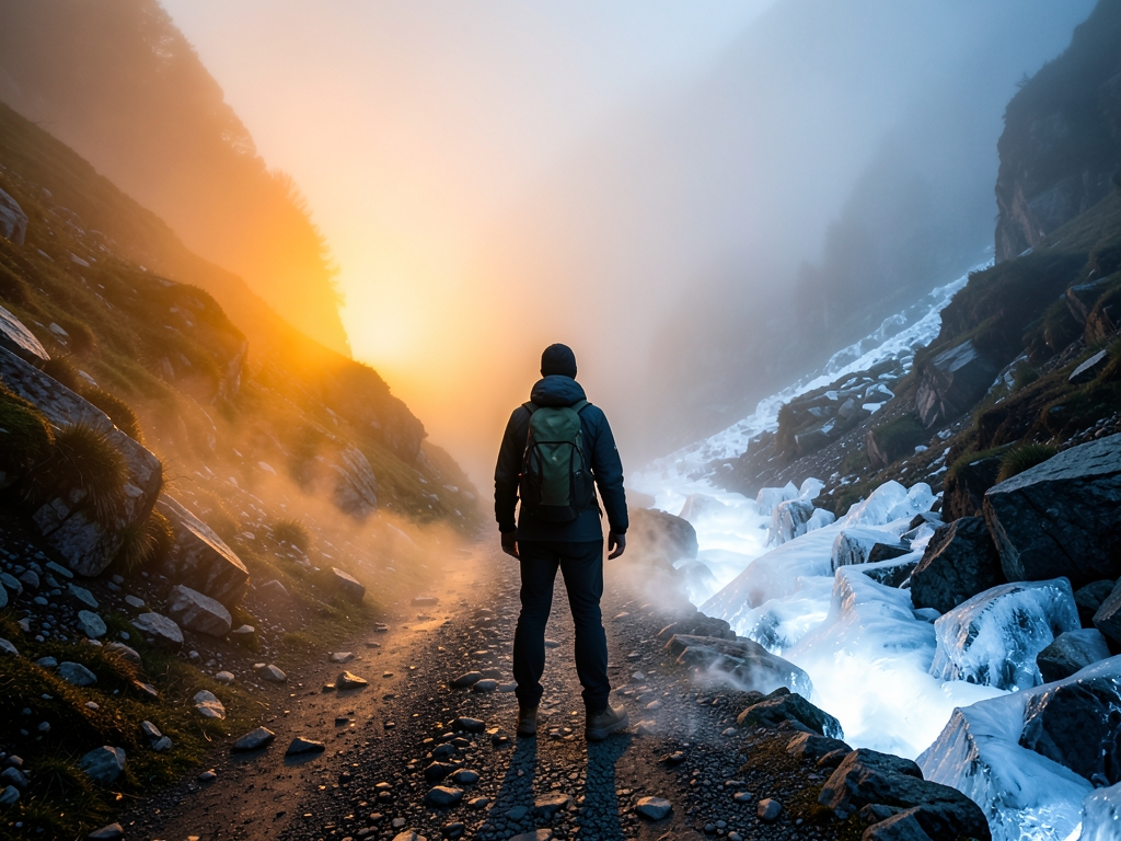 lone traveler standing fork misty mountain pass dawn