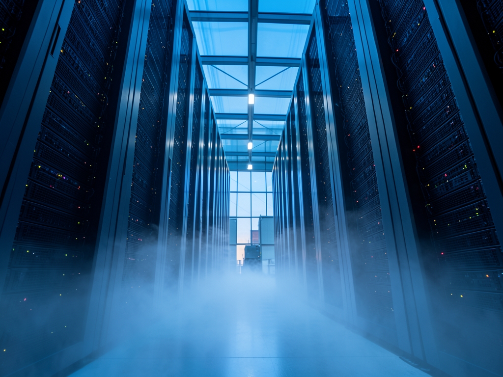 vast glass and steel server hall twilight cool blue light