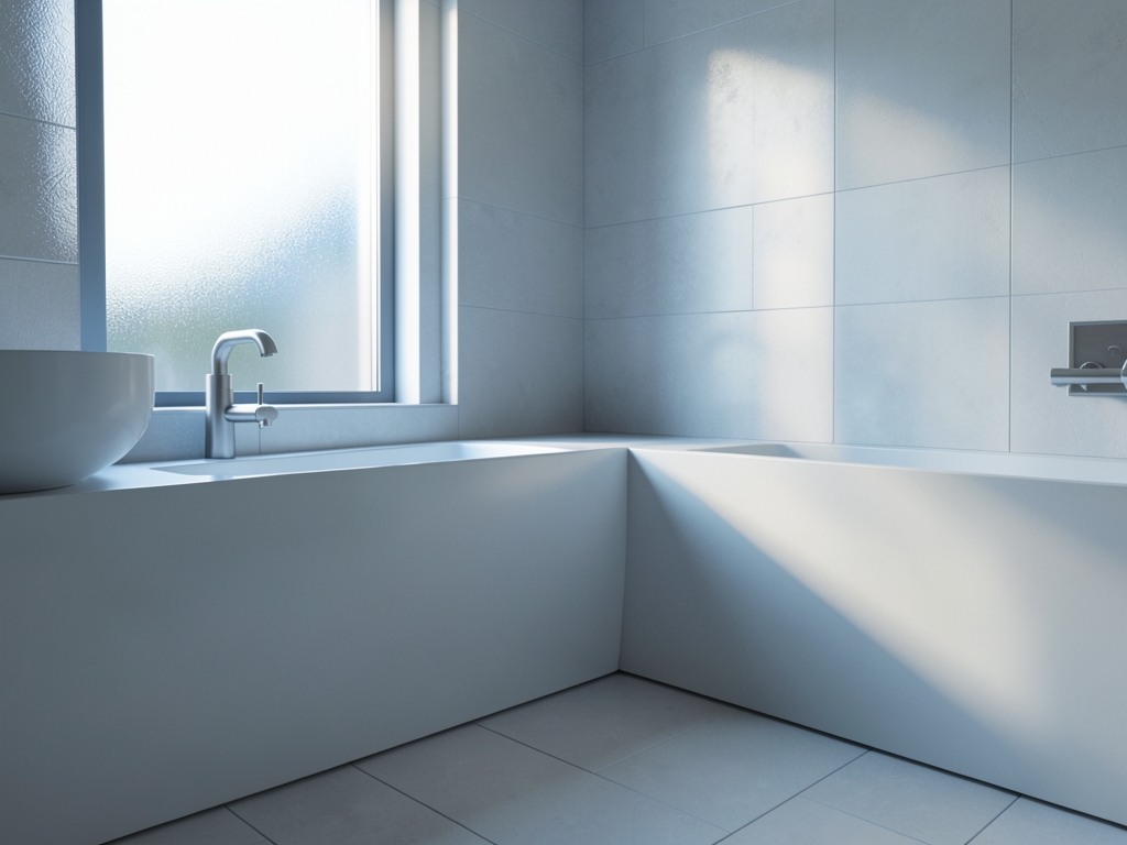 Minimalist porcelain bathroom dawn cool window light brushed