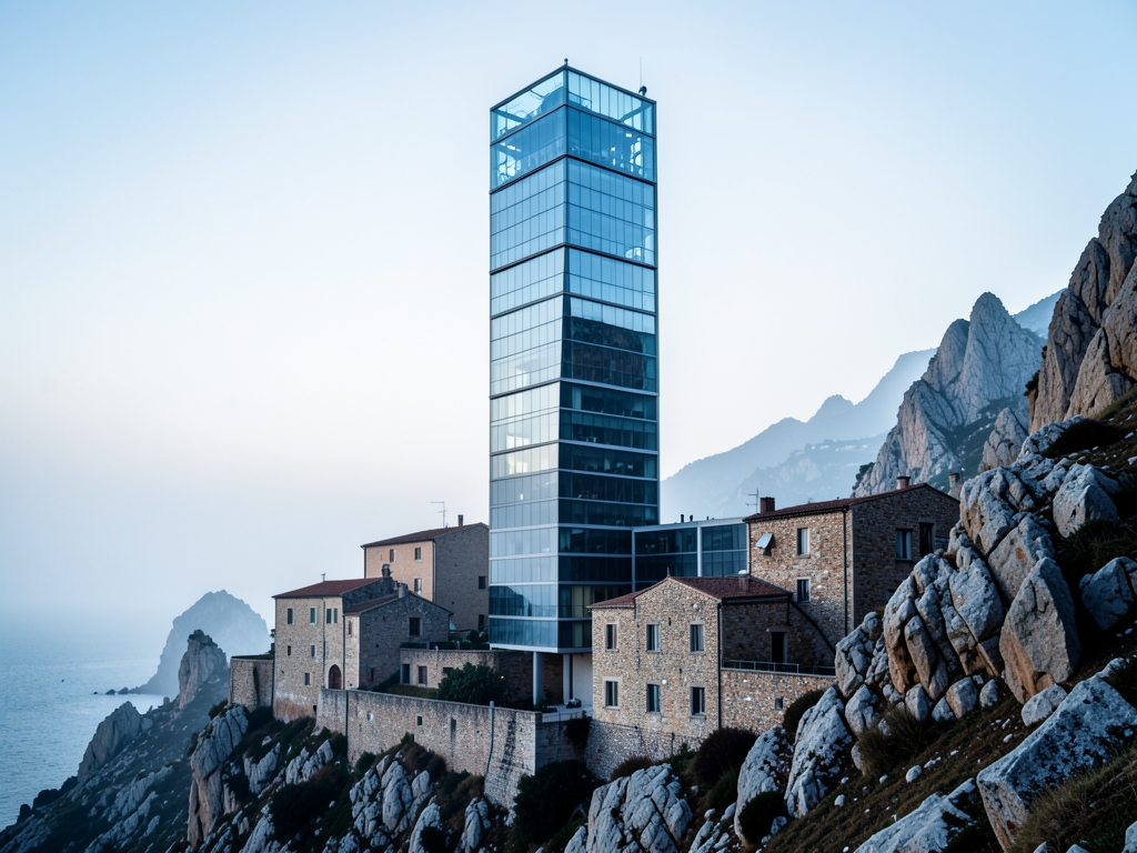 Asymmetric glass and steel tower beside masonry buildings rocky hillside
