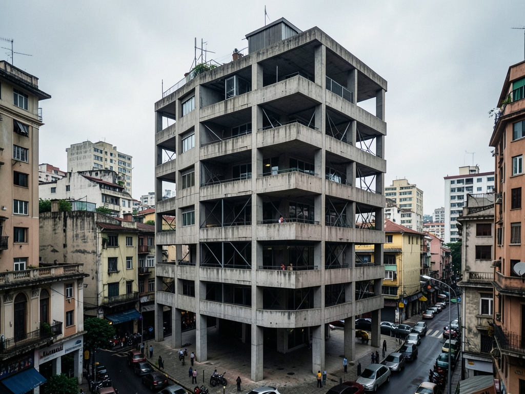 Irregular concrete high rise with deep setbacks open ground
