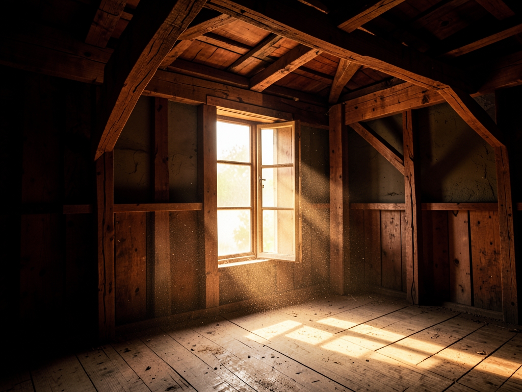 Warm interior lighting spills from window onto dusty