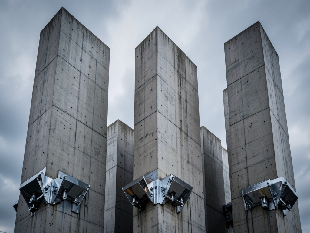 Modern high rise concrete towers with exposed steel dampers