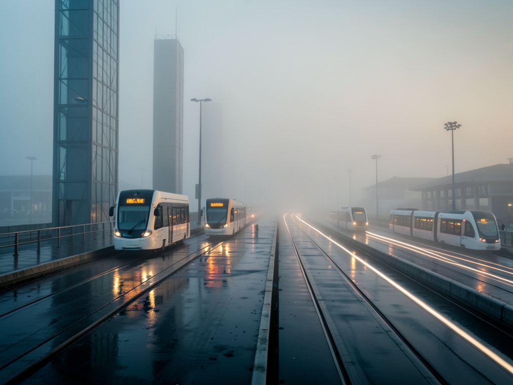 fog wrapped port terminal dawn rows autonomous trams moving