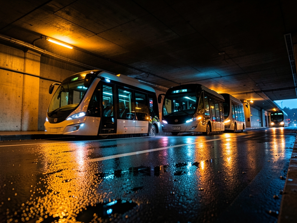 fleet electric shuttles gliding precise formation through rain slicked