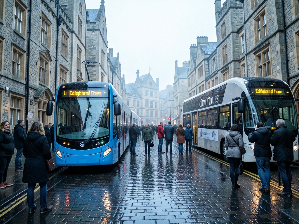 Edinburgh s rain slick Town street beneath stone skyline modern