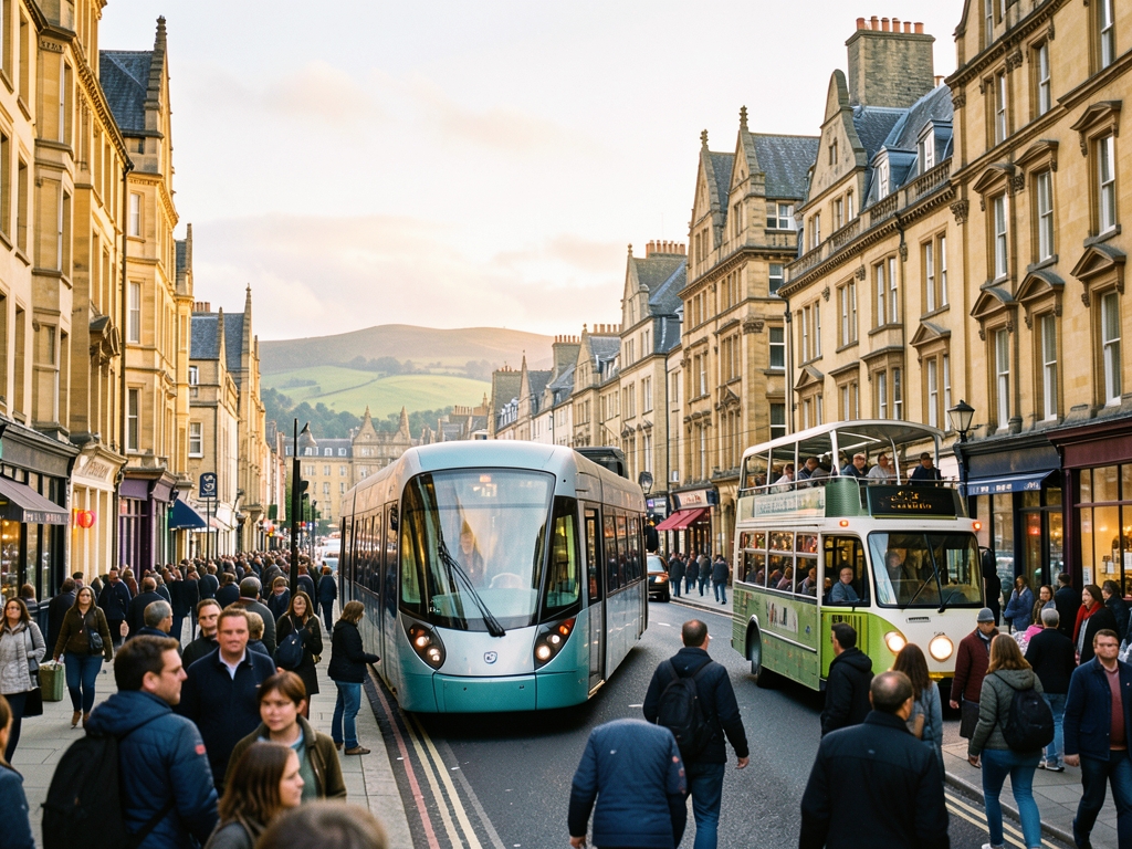 Edinburgh festival traffic winding past honey colored sandstone terraces