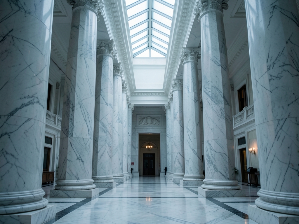 expansive cold marble lobby with narrow passage between