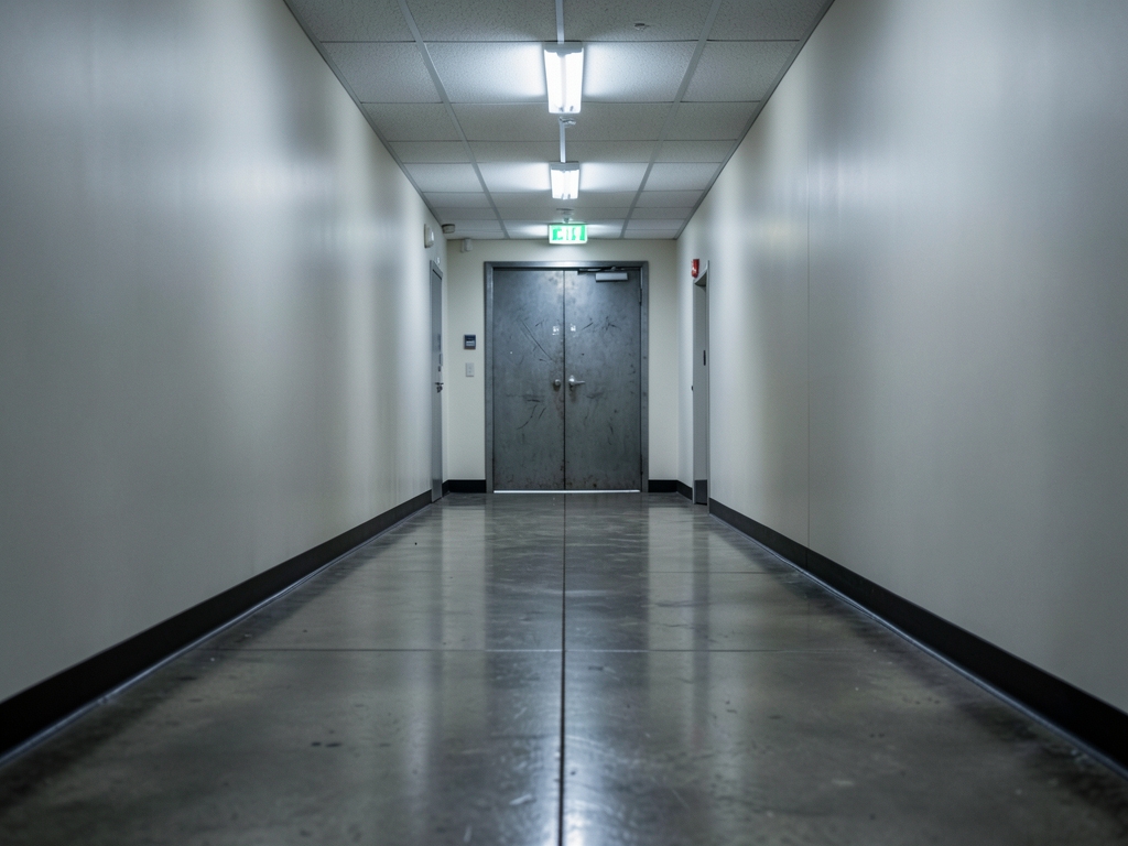 long empty corporate corridor with polished concrete floors