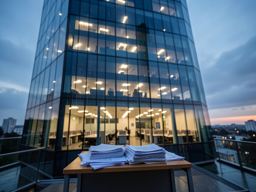 rain streaked glass office tower dusk interior visible through