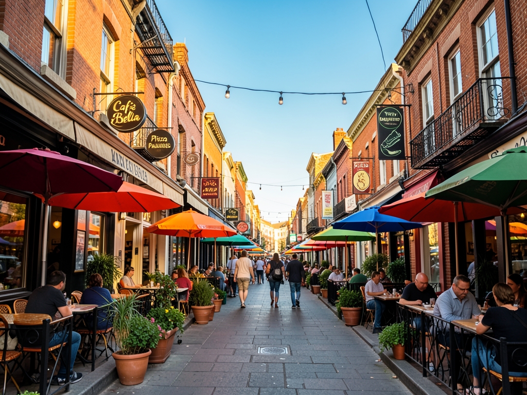 Wide downtown street with small eateries along block