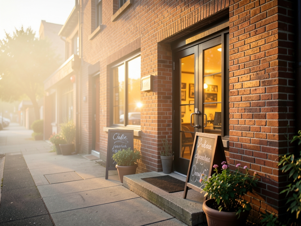 Sunlit cozy brick breakfast cafe exterior dawn with
