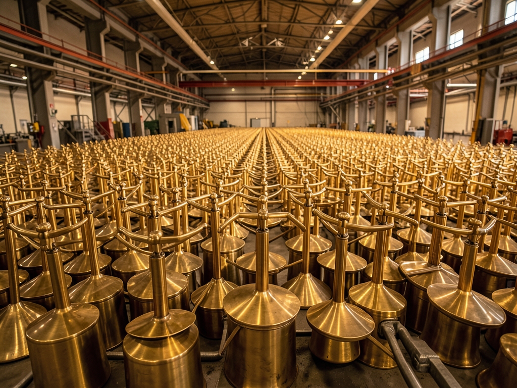 Vast industrial hall filled with rows towering brass
