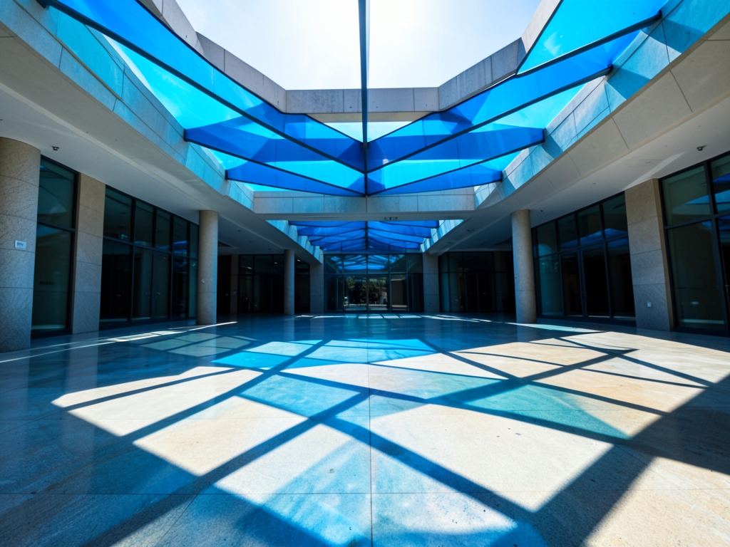 Sunlit geometric plaza with octagonal layout where translucent