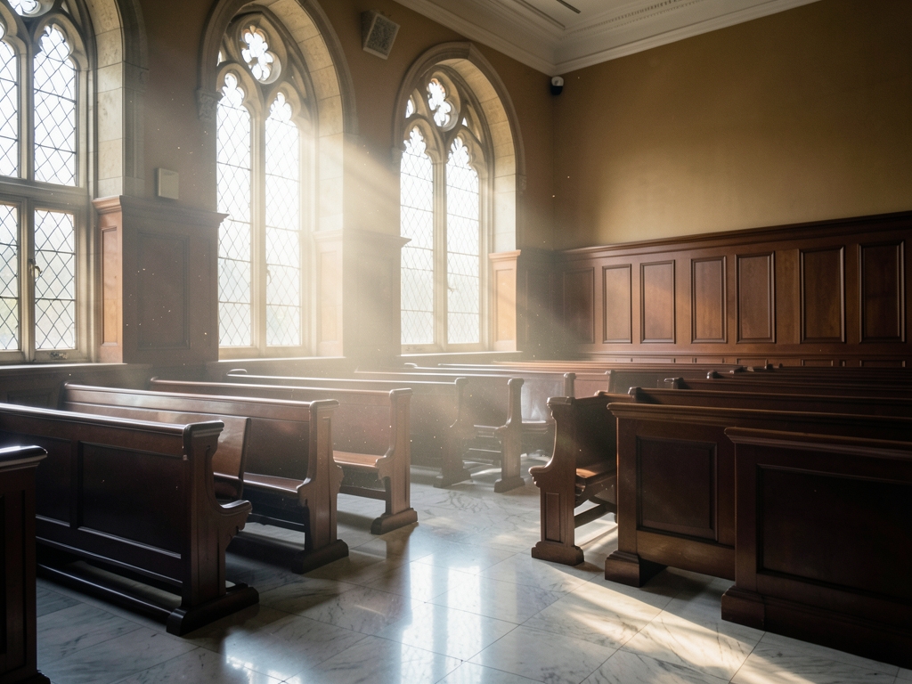 Empty courtroom interior bathed soft morning light through