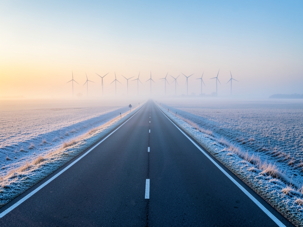Empty winter highway crossing flat northern fields sunrise