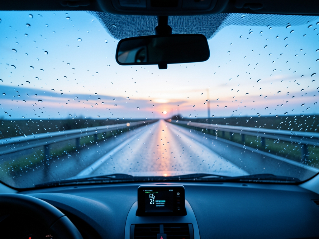 European motorway dawn viewed through rain speckled windshield with