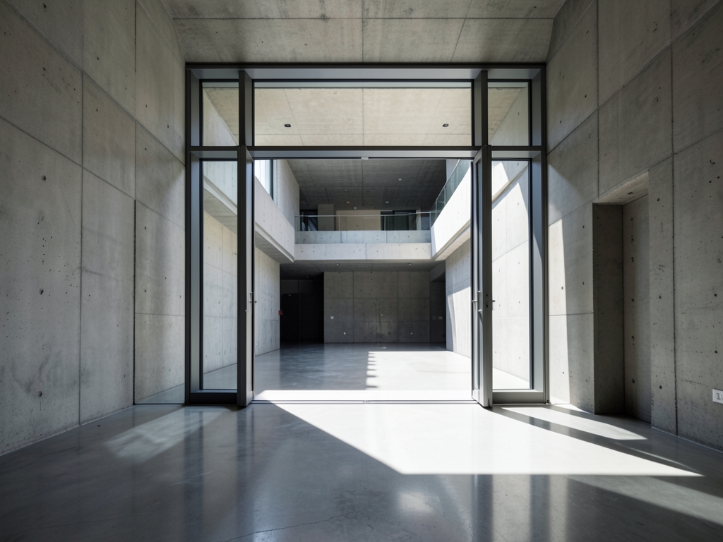 Sunlight streams through wide unobstructed steel framed doorway modern