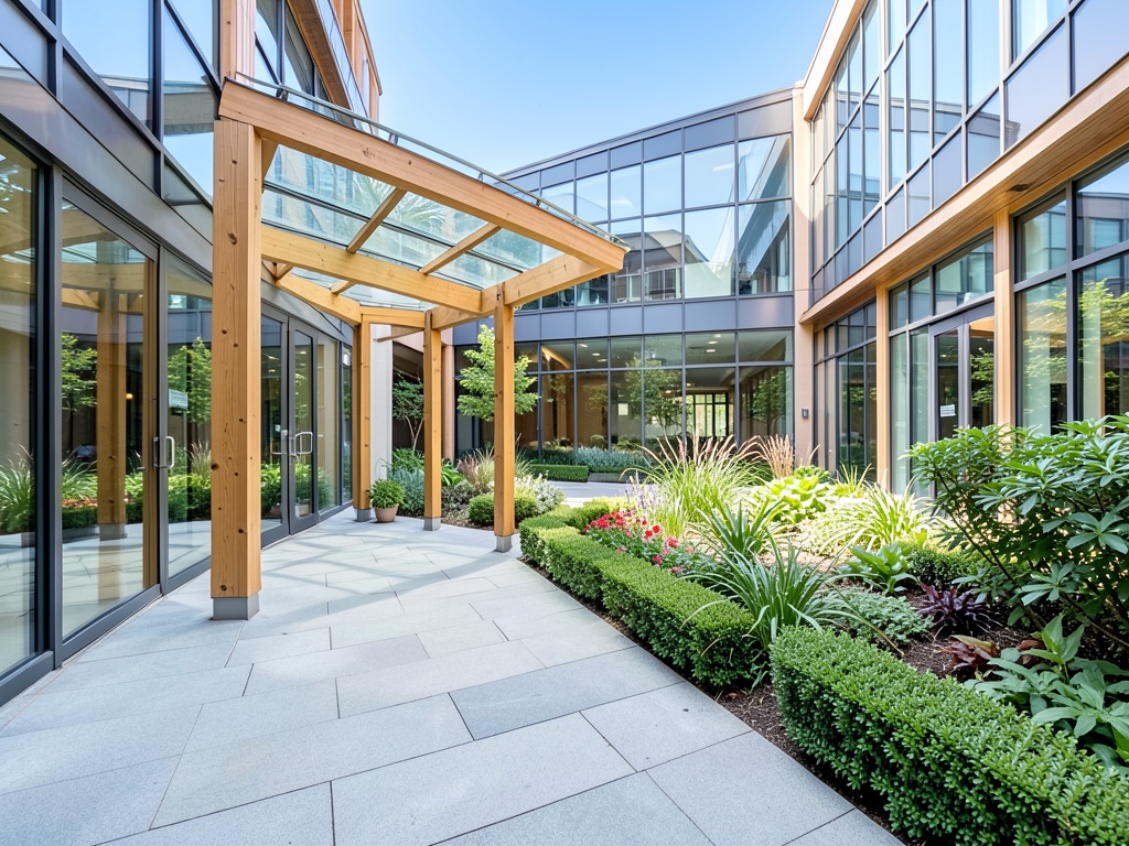 bright office courtyard with gradual stone walkway from