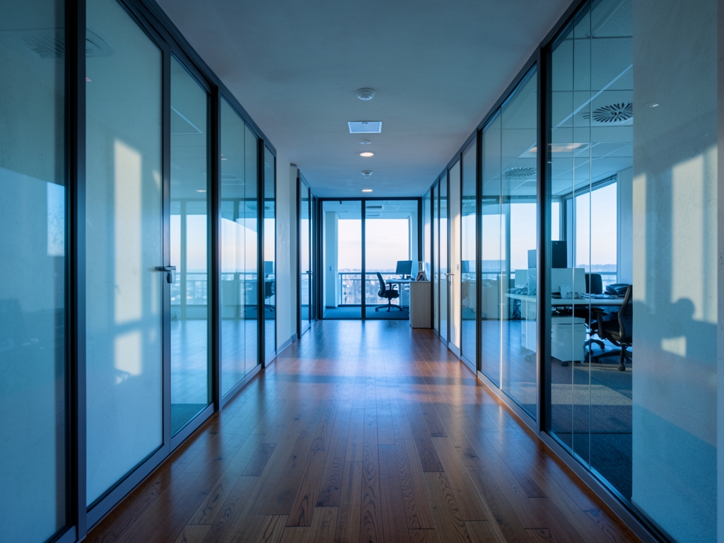 quiet dawn lit office corridor with clear path from