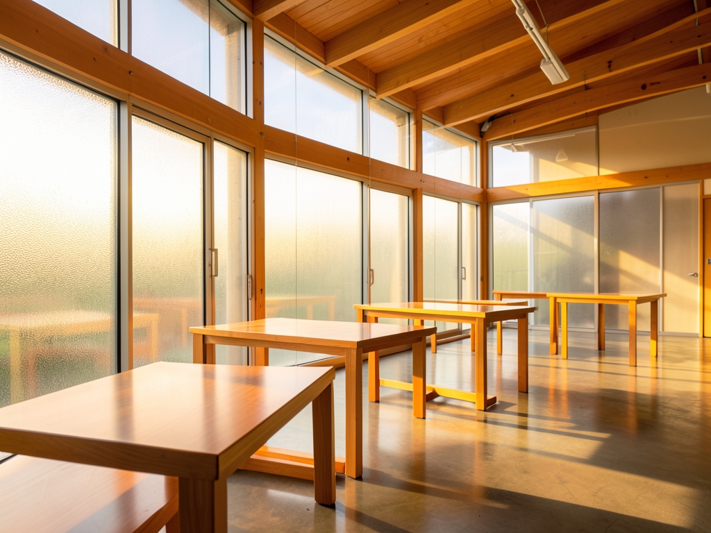 Sunlit modern training loft with warm wood tables