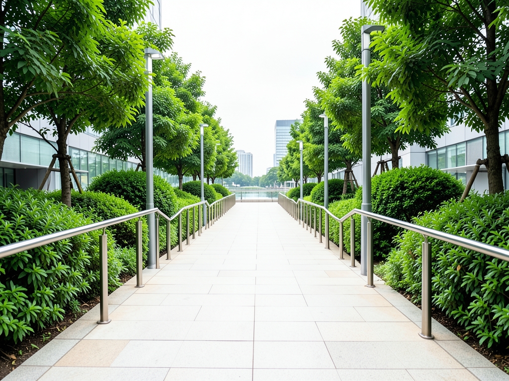 Wide bright corporate courtyard path stone steel with